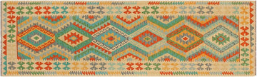 Flat Weave Kilim, Antique, Navaho, Vintage, Handmade, Geometric Kilim Blue Beige Hand-Woven Runner 100% Wool Area Rug 3 x 10